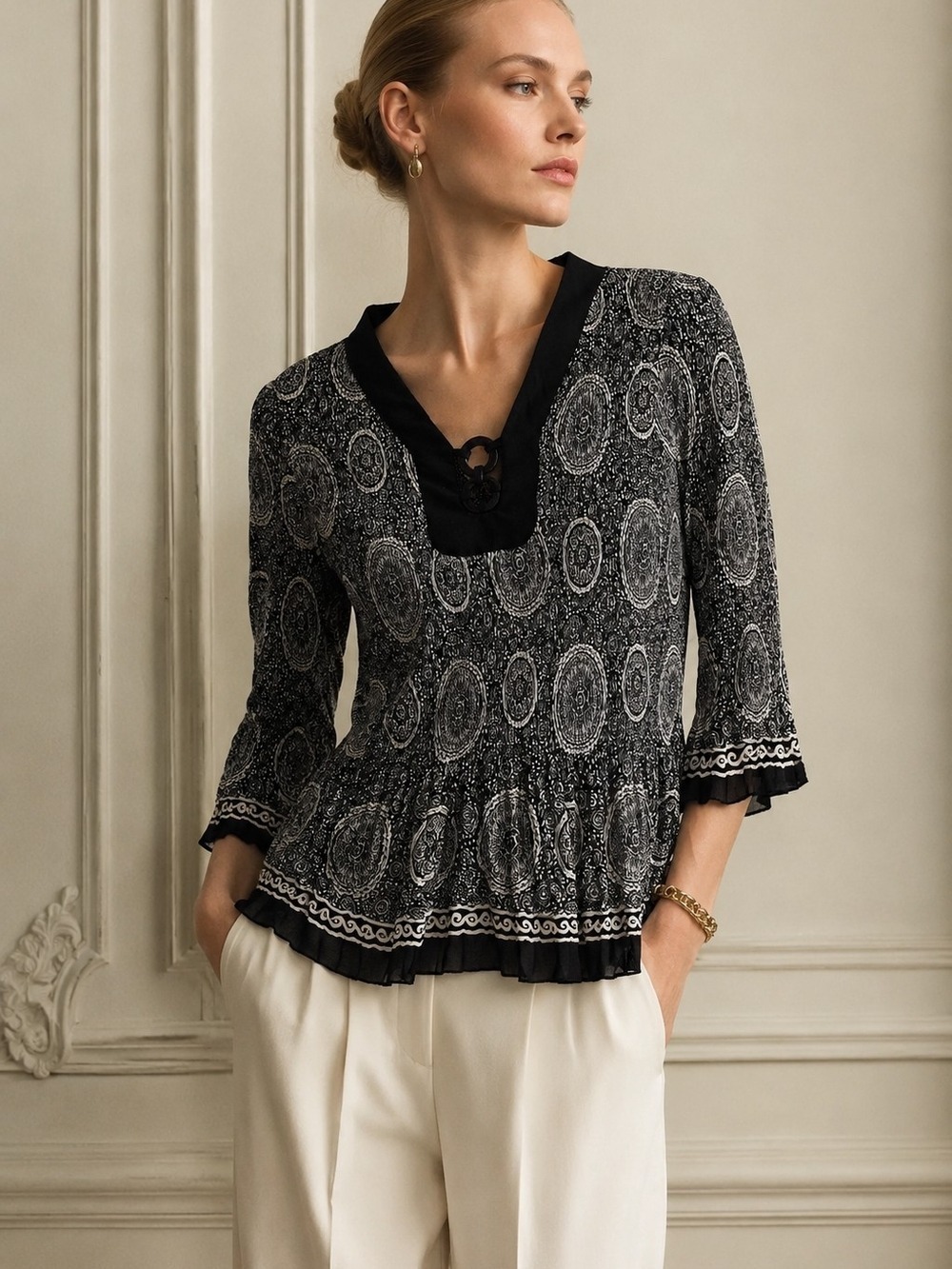 Black White Medallion Boho Peasant Top Bell Sleeve Sheer Hem Old Money Bohemian